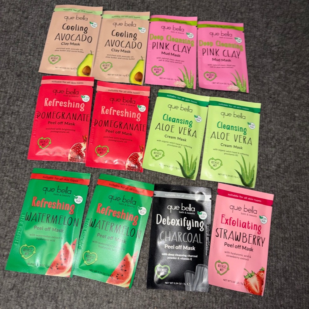 Que Bella Bath Beauty Face Mask Set 11 Pack Avocado Charcoal Clay Peel Off Vegan